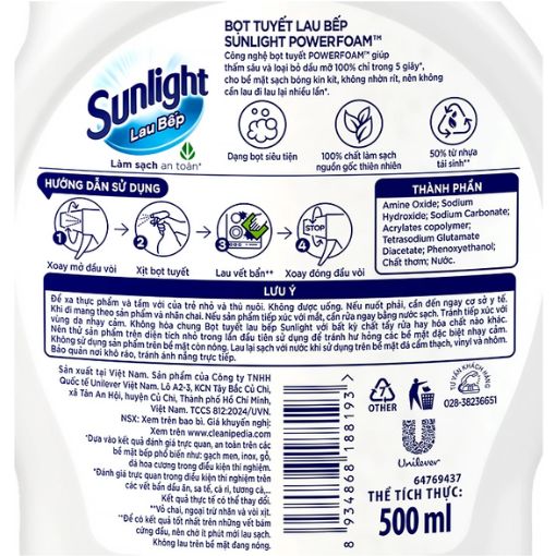 Nước lau bếp Sunlight Powerfoam bọt tuyết 500ml đánh bay dầu mỡ - Ảnh 4